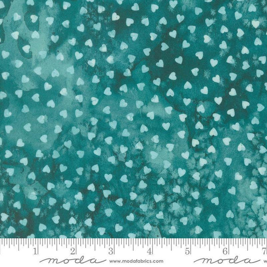 Image of Fleur The Love Sweetheart Teal quilting cotton fabric by Create Joy Project for Moda Fabrics. Features hearts on a blue background. Cute Little Fabric Shop.