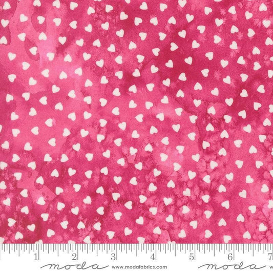 Image of Fleur The Love Sweetheart Rose quilting cotton fabric by Create Joy Project for Moda Fabrics. Features hearts on a pink background. Cute Little Fabric Shop.