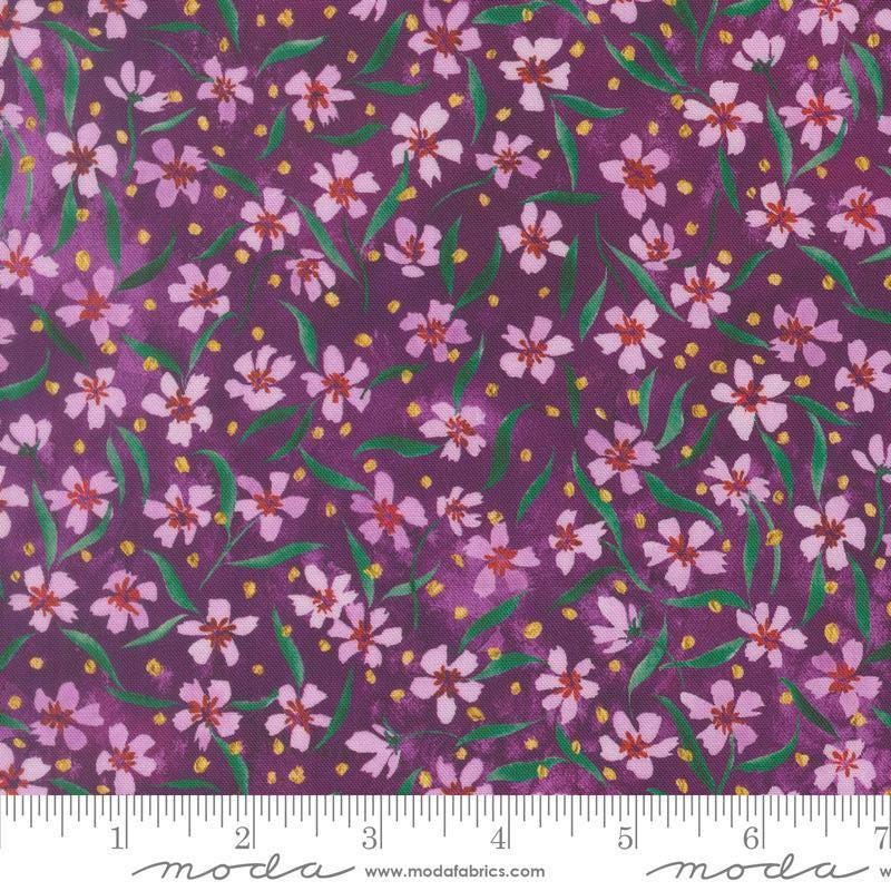 Image of Fleur The Love Smitten Plum quilting cotton fabric by Create Joy Project for Moda Fabrics. Features flowers on a purple background. Cute Little Fabric Shop.
