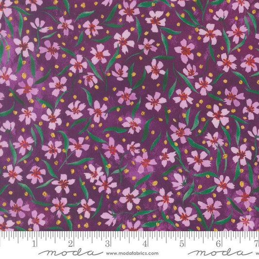 Image of Fleur The Love Smitten Plum quilting cotton fabric by Create Joy Project for Moda Fabrics. Features flowers on a purple background. Cute Little Fabric Shop.