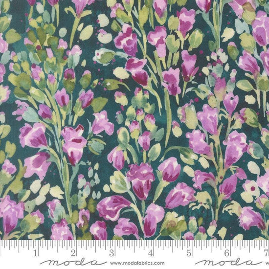 Image of Fleur The Love Cherish Dark Teal quilting cotton fabric by Create Joy Project for Moda Fabrics. Features flowers on a blue background. Cute Little Fabric Shop.