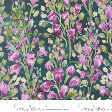 Image of Fleur The Love Cherish Dark Teal quilting cotton fabric by Create Joy Project for Moda Fabrics. Features flowers on a blue background. Cute Little Fabric Shop.