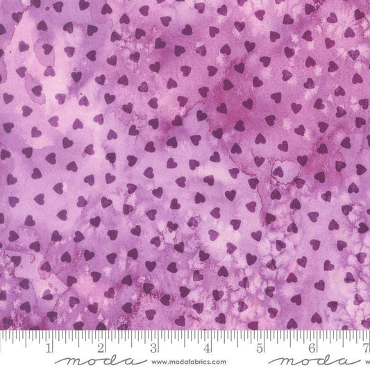 Image of Fleur The Love Sweetheart Lilac quilting cotton fabric by Create Joy Project for Moda Fabrics. Features hearts on a purple background. Cute Little Fabric Shop.