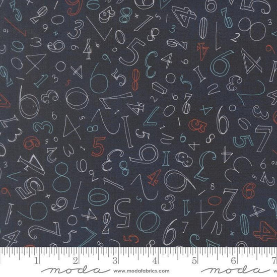 Image of Data Numerals Hawking quilting cotton fabric by Janet Clare for Moda Fabrics. Features numbers on a blue background. Cute Little Fabric Shop.