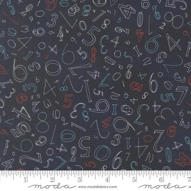 Image of Data Numerals Hawking quilting cotton fabric by Janet Clare for Moda Fabrics. Features numbers on a blue background. Cute Little Fabric Shop.