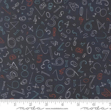 Image of Data Numerals Hawking quilting cotton fabric by Janet Clare for Moda Fabrics. Features numbers on a blue background. Cute Little Fabric Shop.
