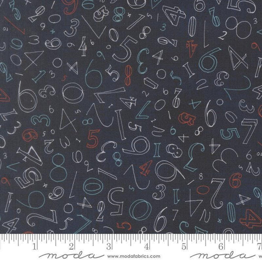 Image of Data Numerals Hawking quilting cotton fabric by Janet Clare for Moda Fabrics. Features numbers on a blue background. Cute Little Fabric Shop.