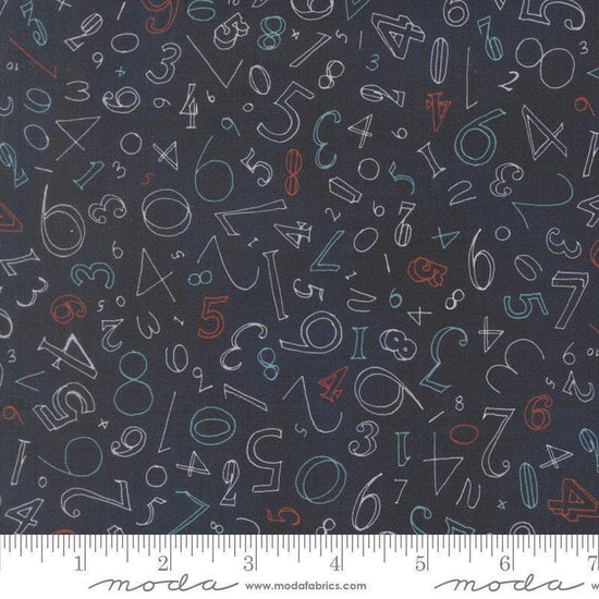 Image of Data Numerals Hawking quilting cotton fabric by Janet Clare for Moda Fabrics. Features numbers on a blue background. Cute Little Fabric Shop.