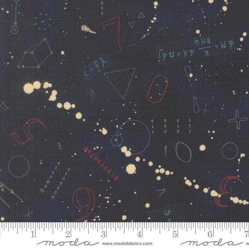 Image of Data Black Holes Hawking quilting cotton fabric by Janet Clare for Moda Fabrics. Features numbers and shapes on a blue background. Cute Little Fabric Shop.