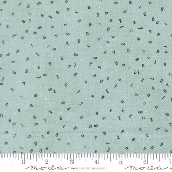 Image of Data Chaos Babbage quilting cotton fabric by Janet Clare for Moda Fabrics. Features numbers on a blue background. Cute Little Fabric Shop.