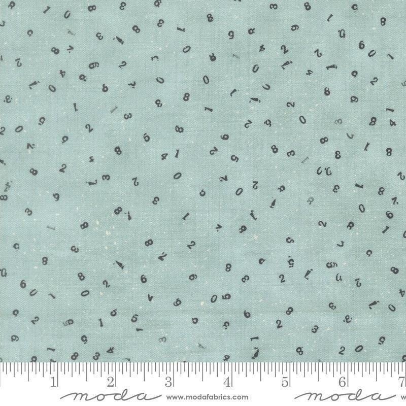 Image of Data Chaos Babbage quilting cotton fabric by Janet Clare for Moda Fabrics. Features numbers on a blue background. Cute Little Fabric Shop.