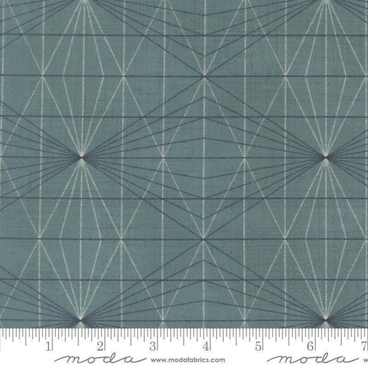 Image of Data String Theory Turing quilting cotton fabric by Janet Clare for Moda Fabrics. Features a geometric pattern on a blue background. Cute Little Fabric Shop.