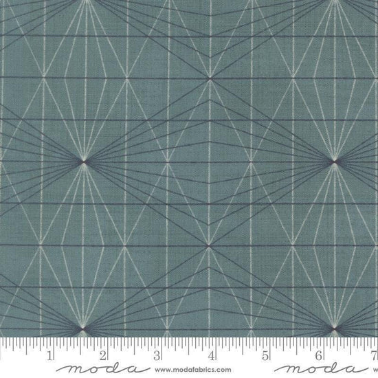 Image of Data String Theory Turing quilting cotton fabric by Janet Clare for Moda Fabrics. Features a geometric pattern on a blue background. Cute Little Fabric Shop.