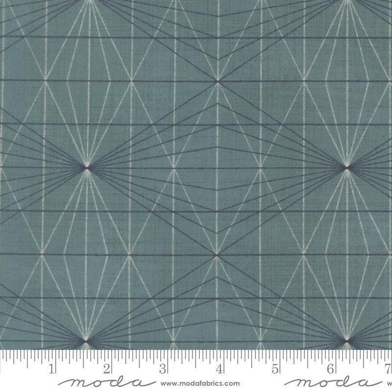 Image of Data String Theory Turing quilting cotton fabric by Janet Clare for Moda Fabrics. Features a geometric pattern on a blue background. Cute Little Fabric Shop.