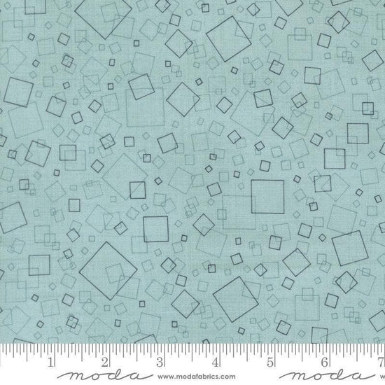 Image of Data Squares Babbage quilting cotton fabric by Janet Clare for Moda Fabrics. Features squares on a blue background. Cute Little Fabric Shop.