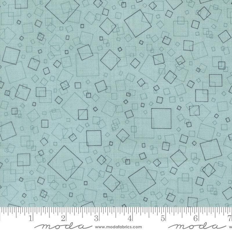 Image of Data Squares Babbage quilting cotton fabric by Janet Clare for Moda Fabrics. Features squares on a blue background. Cute Little Fabric Shop.