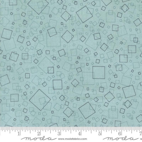 Image of Data Squares Babbage quilting cotton fabric by Janet Clare for Moda Fabrics. Features squares on a blue background. Cute Little Fabric Shop.