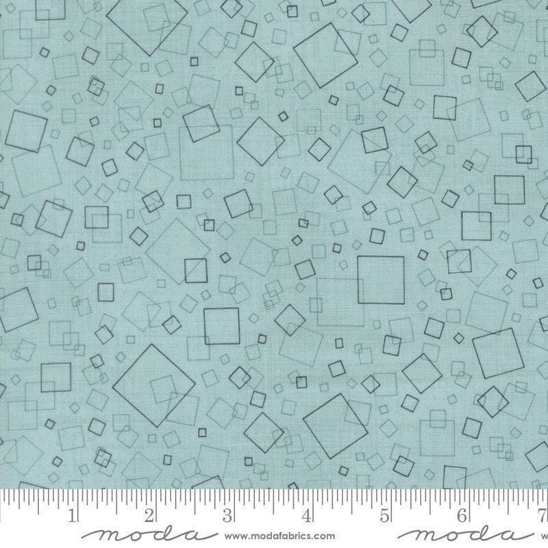 Image of Data Squares Babbage quilting cotton fabric by Janet Clare for Moda Fabrics. Features squares on a blue background. Cute Little Fabric Shop.