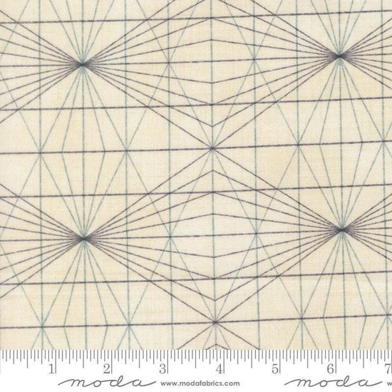 Image of Data String Theory Lovelace quilting cotton fabric by Janet Clare for Moda Fabrics. Features a geometric pattern on a cream background. Cute Little Fabric Shop.