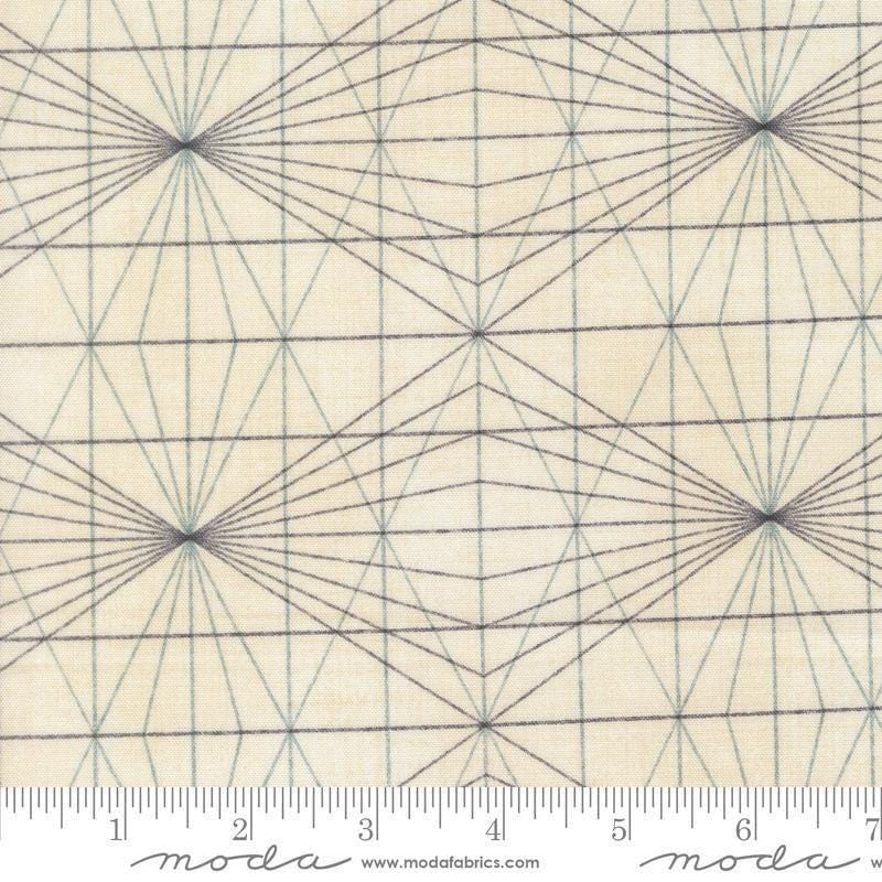 Image of Data String Theory Lovelace quilting cotton fabric by Janet Clare for Moda Fabrics. Features a geometric pattern on a cream background. Cute Little Fabric Shop.