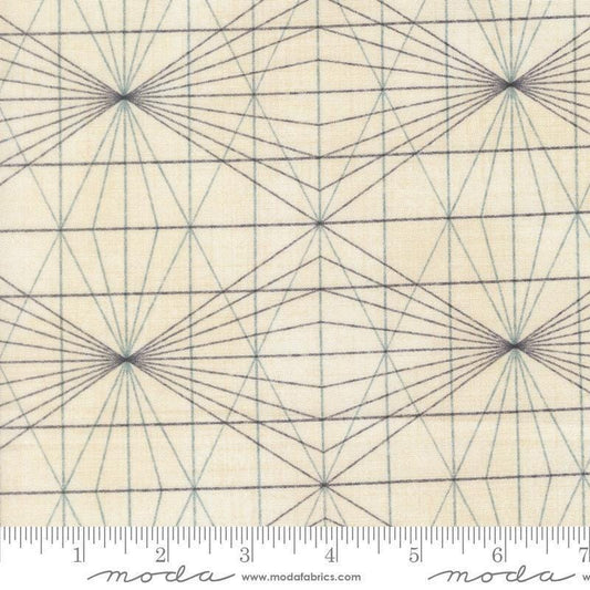 Image of Data String Theory Lovelace quilting cotton fabric by Janet Clare for Moda Fabrics. Features a geometric pattern on a cream background. Cute Little Fabric Shop.