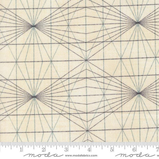 Image of Data String Theory Lovelace quilting cotton fabric by Janet Clare for Moda Fabrics. Features a geometric pattern on a cream background. Cute Little Fabric Shop.