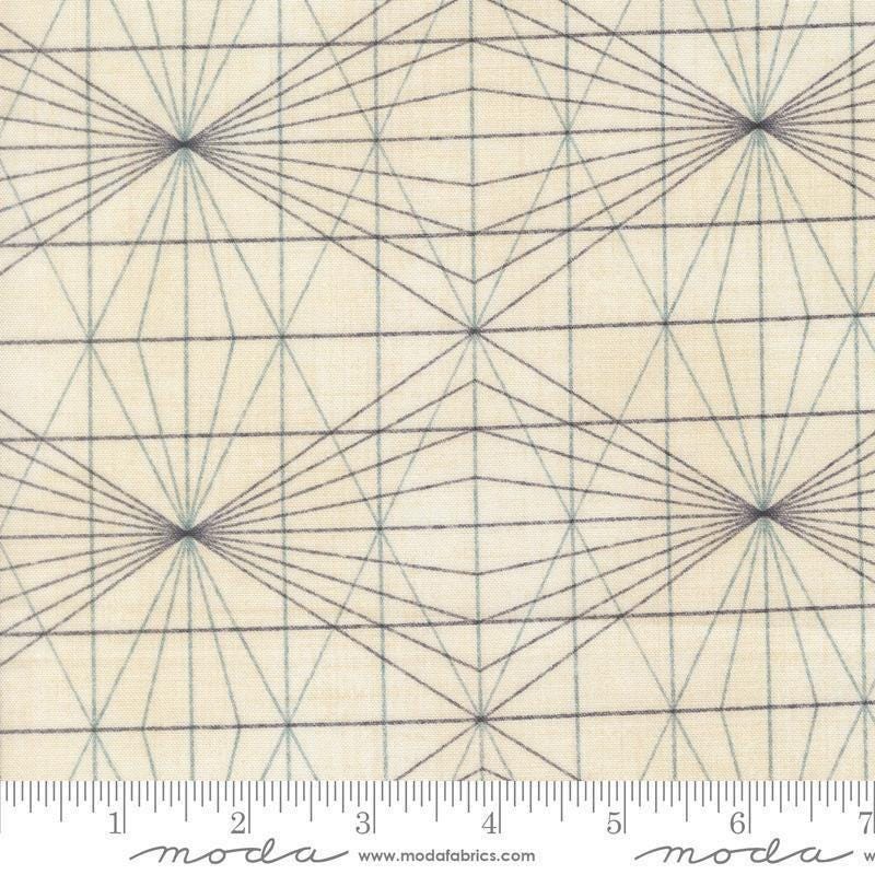 Image of Data String Theory Lovelace quilting cotton fabric by Janet Clare for Moda Fabrics. Features a geometric pattern on a cream background. Cute Little Fabric Shop.