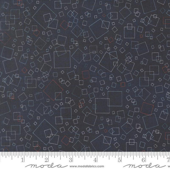 Image of Data Squares Hawking quilting cotton fabric by Janet Clare for Moda Fabrics. Features squares on a blue background. Cute Little Fabric Shop.