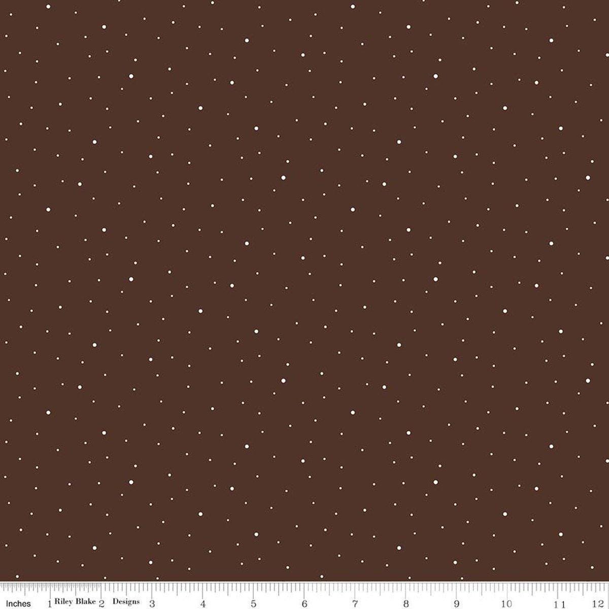 Image of Dapple Dot Brownie quilting cotton fabric by The RBD Designers for Riley Blake Designs. Features polka dots on a brown background. Cute Little Fabric Shop.