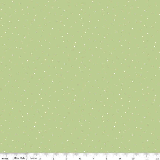Image of Dapple Dot Honeydew quilting cotton fabric by The RBD Designers for Riley Blake Designs. Features polka dots on a green background. Cute Little Fabric Shop.