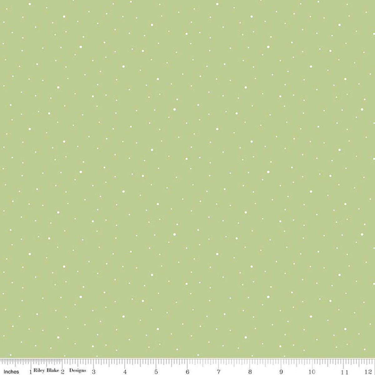 Image of Dapple Dot Honeydew quilting cotton fabric by The RBD Designers for Riley Blake Designs. Features polka dots on a green background. Cute Little Fabric Shop.