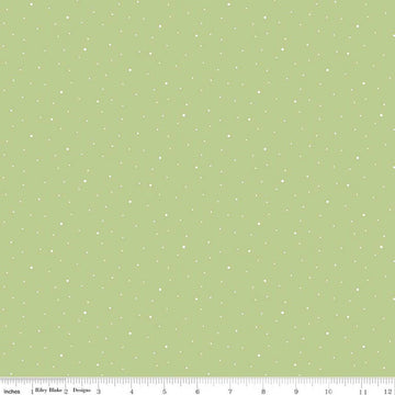 Image of Dapple Dot Honeydew quilting cotton fabric by The RBD Designers for Riley Blake Designs. Features polka dots on a green background. Cute Little Fabric Shop.