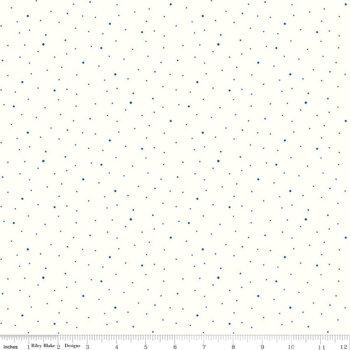 Image of Dapple Dot on Off White Denim quilting cotton fabric by The RBD Designers for Riley Blake Designs. Features polka dots on a cream background. Cute Little Fabric Shop.