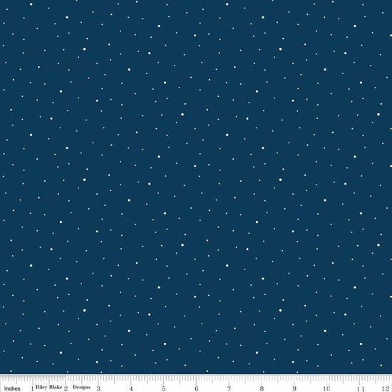 Image of Dapple Dot Oxford Blue quilting cotton fabric by The RBD Designers for Riley Blake Designs. Features polka dots on a blue background. Cute Little Fabric Shop.