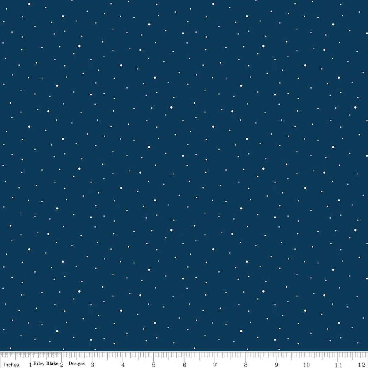 Image of Dapple Dot Oxford Blue quilting cotton fabric by The RBD Designers for Riley Blake Designs. Features polka dots on a blue background. Cute Little Fabric Shop.