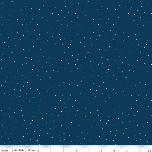 Image of Dapple Dot Oxford Blue quilting cotton fabric by The RBD Designers for Riley Blake Designs. Features polka dots on a blue background. Cute Little Fabric Shop.