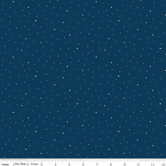 Image of Dapple Dot Oxford Blue quilting cotton fabric by The RBD Designers for Riley Blake Designs. Features polka dots on a blue background. Cute Little Fabric Shop.