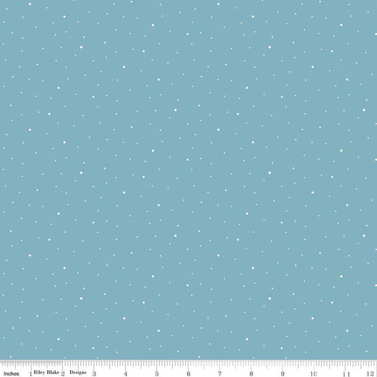 Image of Dapple Dot Cornflower quilting cotton fabric by The RBD Designers for Riley Blake Designs. Features polka dots on a blue background. Cute Little Fabric Shop.