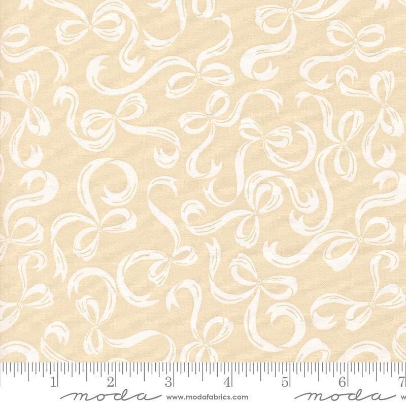 Image of Je Taime Tie a Bow Lace quilting cotton fabric by Stacy Iest Hsu for Moda Fabrics. Features bows on a cream background. Cute Little Fabric Shop.