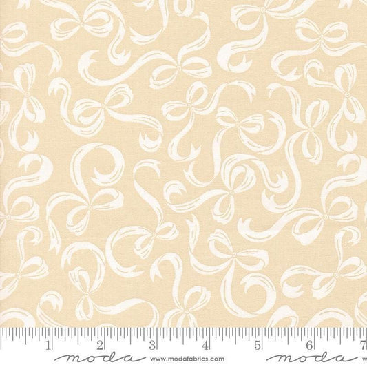 Image of Je Taime Tie a Bow Lace quilting cotton fabric by Stacy Iest Hsu for Moda Fabrics. Features bows on a cream background. Cute Little Fabric Shop.