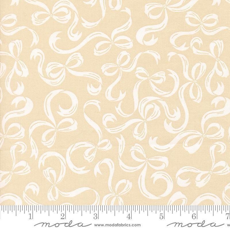 Image of Je Taime Tie a Bow Lace quilting cotton fabric by Stacy Iest Hsu for Moda Fabrics. Features bows on a cream background. Cute Little Fabric Shop.