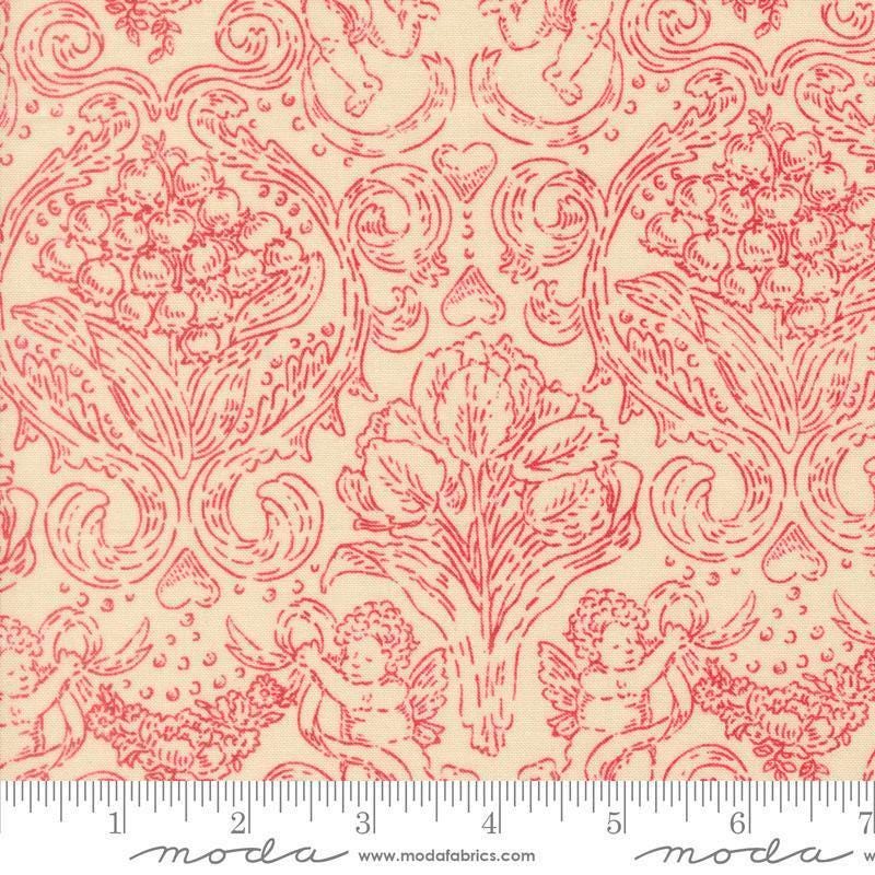Image of Je Taime Pure Love Lace Red quilting cotton fabric by Stacy Iest Hsu for Moda Fabrics. Features flowers on a cream background. Cute Little Fabric Shop.