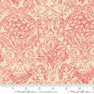 Image of Je Taime Pure Love Lace Red quilting cotton fabric by Stacy Iest Hsu for Moda Fabrics. Features flowers on a cream background. Cute Little Fabric Shop.