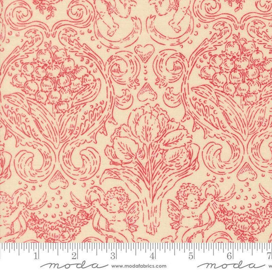 Image of Je Taime Pure Love Lace Red quilting cotton fabric by Stacy Iest Hsu for Moda Fabrics. Features flowers on a cream background. Cute Little Fabric Shop.