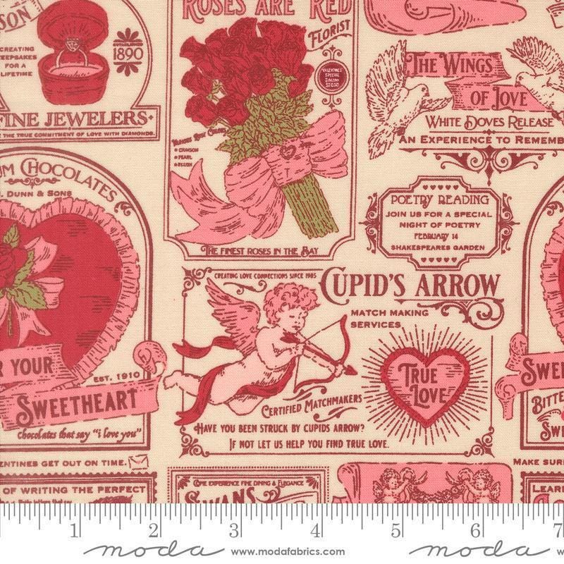 Image of Je Taime Vintage Valentine Lace quilting cotton fabric by Stacy Iest Hsu for Moda Fabrics. Features vintage ads on a cream background. Cute Little Fabric Shop.