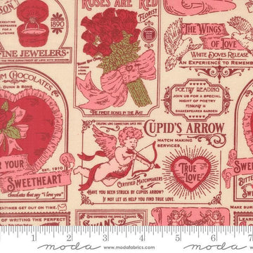 Image of Je Taime Vintage Valentine Lace quilting cotton fabric by Stacy Iest Hsu for Moda Fabrics. Features vintage ads on a cream background. Cute Little Fabric Shop.
