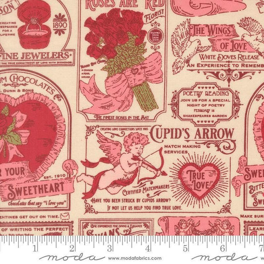 Image of Je Taime Vintage Valentine Lace quilting cotton fabric by Stacy Iest Hsu for Moda Fabrics. Features vintage ads on a cream background. Cute Little Fabric Shop.
