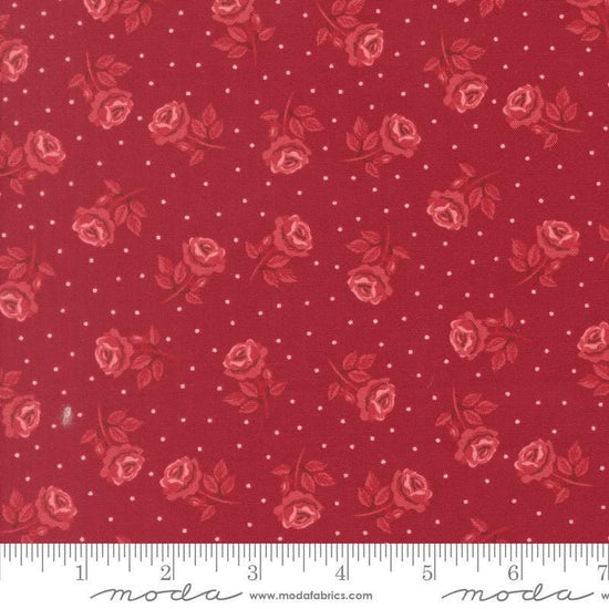 Image of Je Taime Roses are Red Scarlet quilting cotton fabric by Stacy Iest Hsu for Moda Fabrics. Features flowers on a red background. Cute Little Fabric Shop.