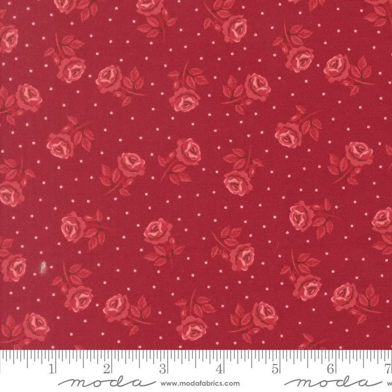 Image of Je Taime Roses are Red Scarlet quilting cotton fabric by Stacy Iest Hsu for Moda Fabrics. Features flowers on a red background. Cute Little Fabric Shop.