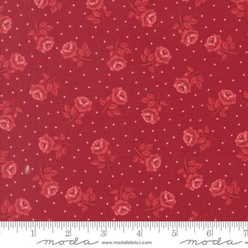 Image of Je Taime Roses are Red Scarlet quilting cotton fabric by Stacy Iest Hsu for Moda Fabrics. Features flowers on a red background. Cute Little Fabric Shop.